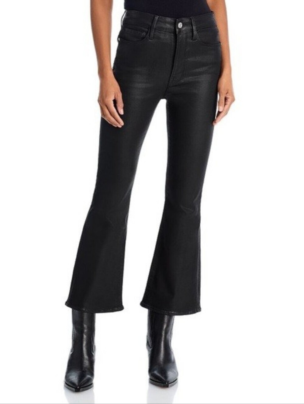 AG Adriano Goldschmied The Quinne Coated High Rise Crop Flare Jean Black Size 29